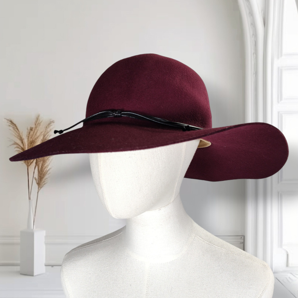 Anthropologie Burgundy Wool Felt Wide Brim Floppy Hat Boho Fall Winter